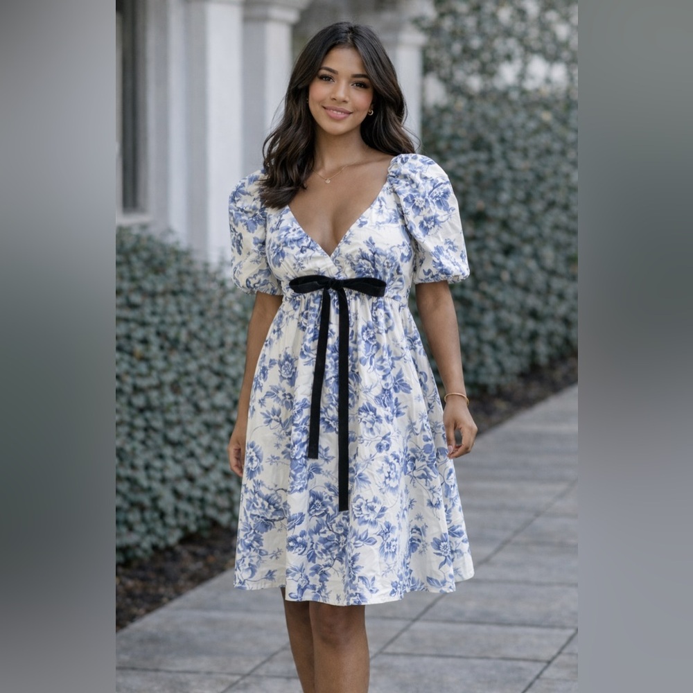 Elegant Blue Floral Kids Dress with Bow